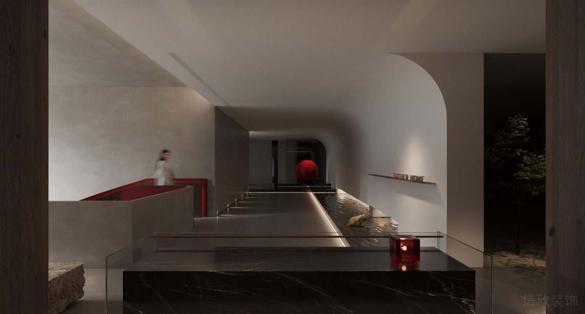 環(huán)形設(shè)計過道二樓階梯效果紅色點(diǎn)綴空間辦公室