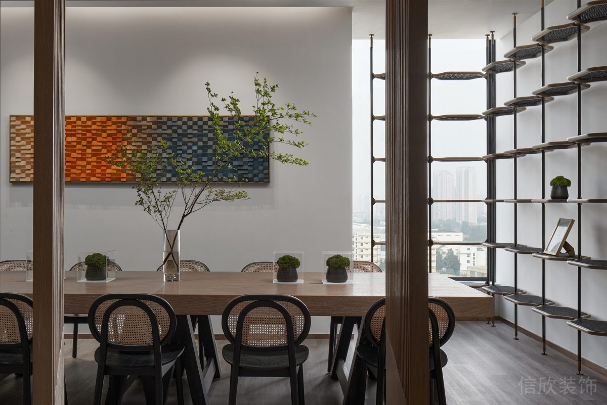 會(huì)議室中式風(fēng)編織座椅裝修隔斷書(shū)柜效果圖辦公室