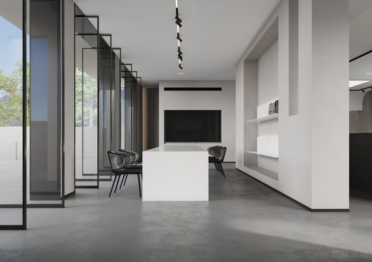 會議室裝修黑白色調(diào)效果圖內(nèi)嵌式墻體裝修偏軸門裝修