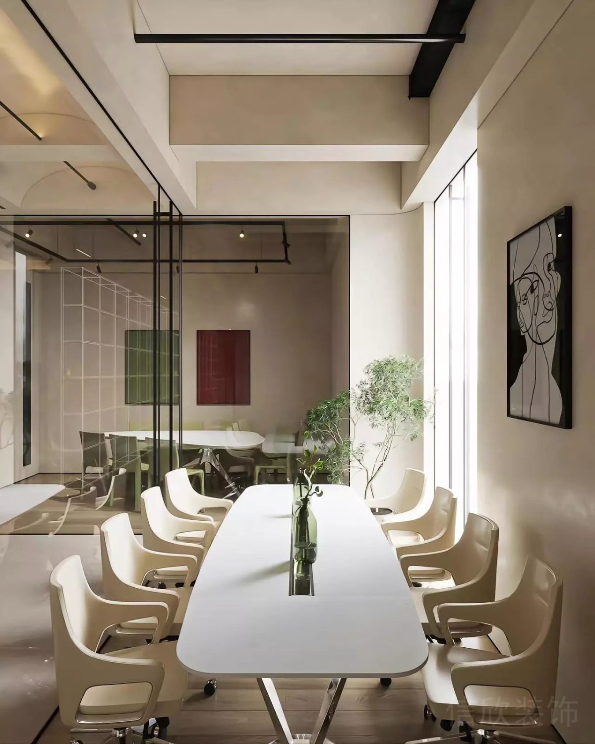 會議室裝修設(shè)計白色座椅效果金屬黑色裝修玻璃隔斷
