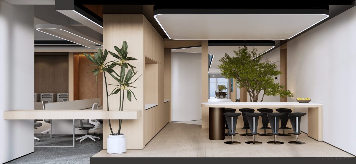 會議室裝修設(shè)計木質(zhì)鏤空墻體效果辦公室地臺燈飾效果圖