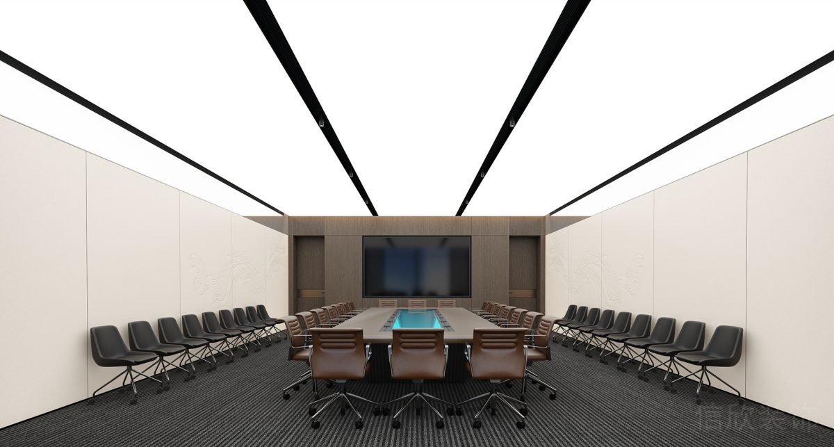 會(huì)議室裝修設(shè)計(jì)效果直線式天花可調(diào)節(jié)燈飾效果裝修地毯真皮沙發(fā)效果圖