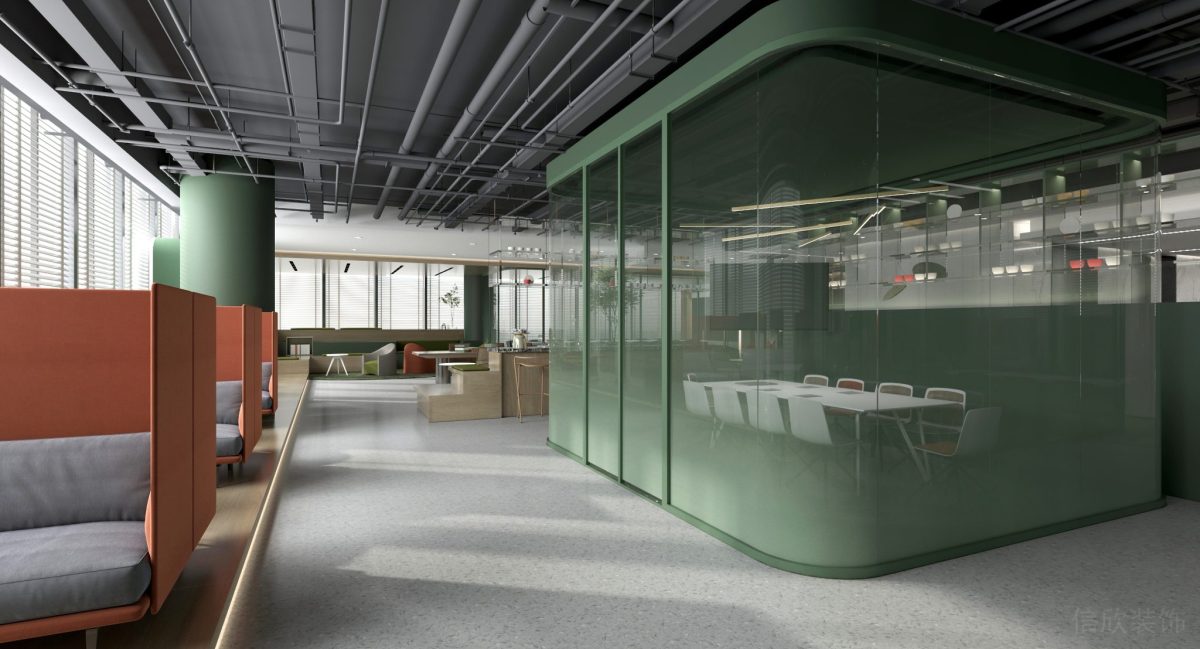 漸變綠色設(shè)計(jì)隔斷玻璃效果水磨石設(shè)計(jì)辦公室