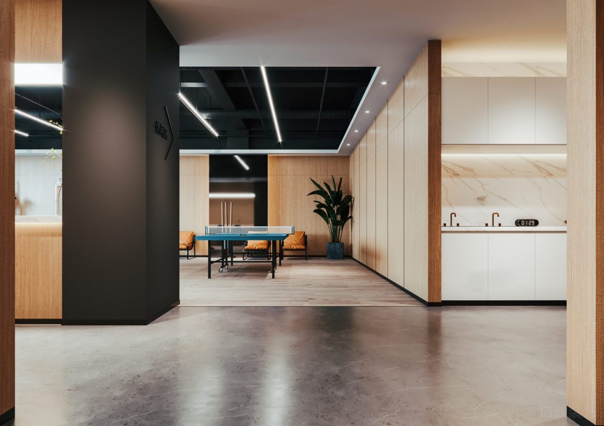 開放式員工休息區(qū)黑色墻體裝修半墻瓷磚設計工業(yè)風辦公室設計