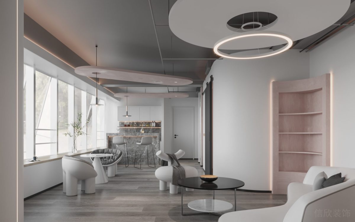 可移動(dòng)式黑色門板設(shè)計(jì)粉色弧形內(nèi)嵌式置物柜裝修辦公室效果圖