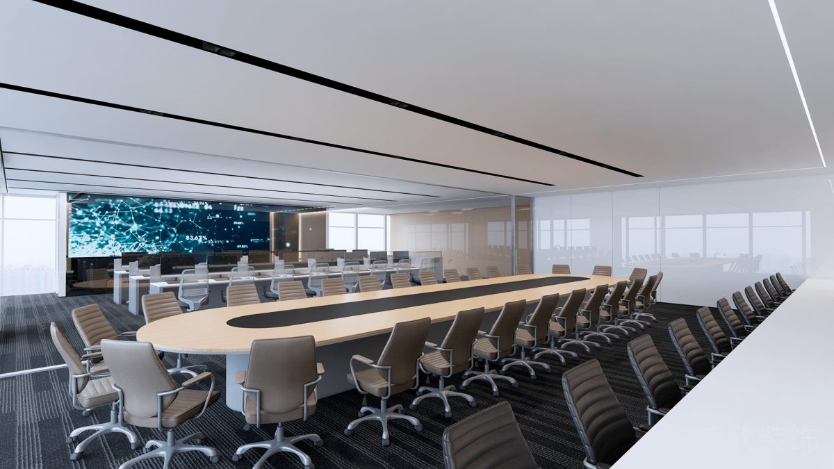 木飾面環(huán)形會議室裝修效果皮革沙發(fā)裝修多人工位設(shè)計