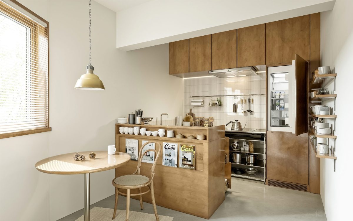 木飾面開(kāi)放式餐廚一體式設(shè)計(jì)日式原木風(fēng)裝修圖