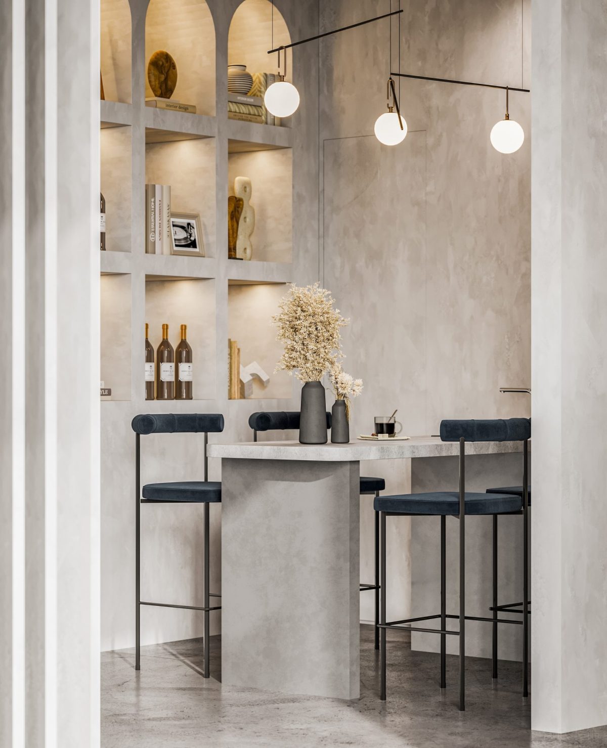 木質(zhì)地板裝修灰色調(diào)設(shè)計(jì)半墻圓角胡桃木裝修過(guò)道辦公室