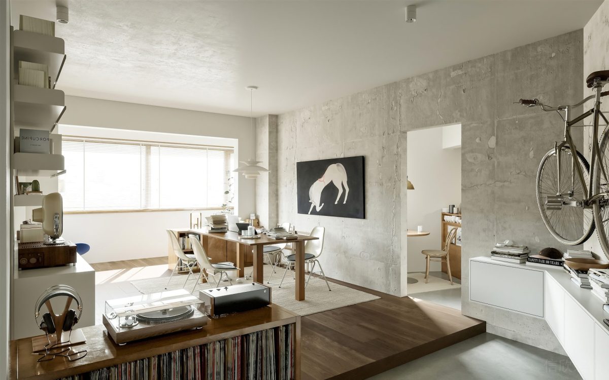 木質(zhì)地臺(tái)效果裸露墻體灰色工業(yè)風(fēng)設(shè)計(jì)客廳裝修圖