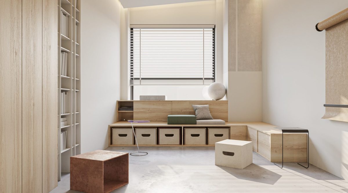 內(nèi)嵌式原木書柜裝修階梯式原木座椅設計辦公室休息區(qū)設計圖