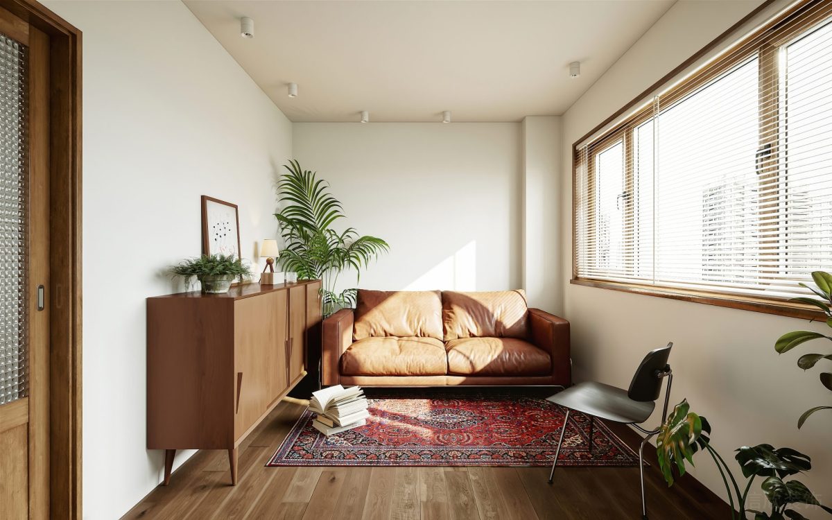 皮革沙發(fā)橙色效果木質(zhì)地板書房裝修可調(diào)節(jié)燈飾設(shè)計(jì)家裝