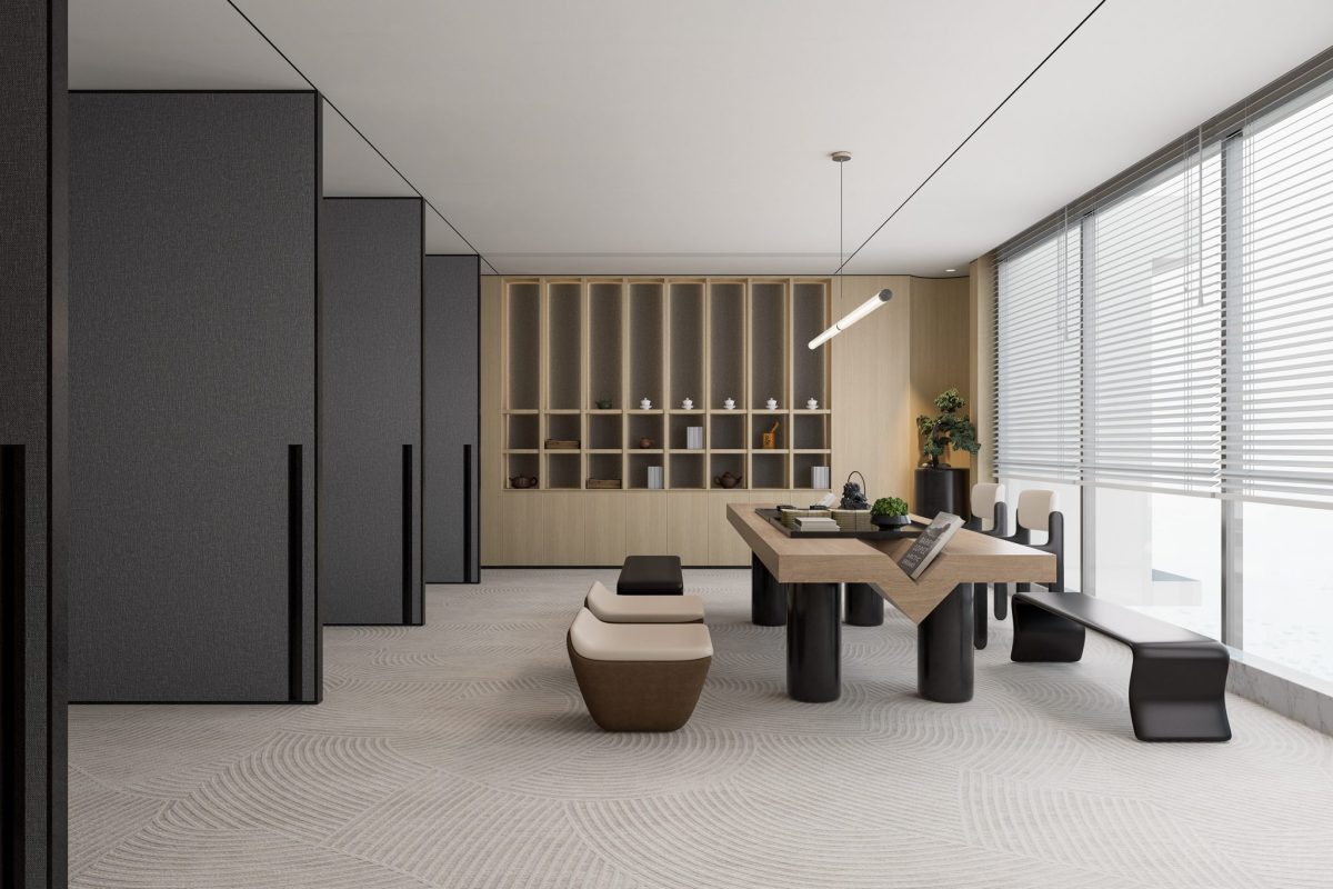 偏軸門黑色效果木質洽談室中式禪室效果內嵌式裝修圖