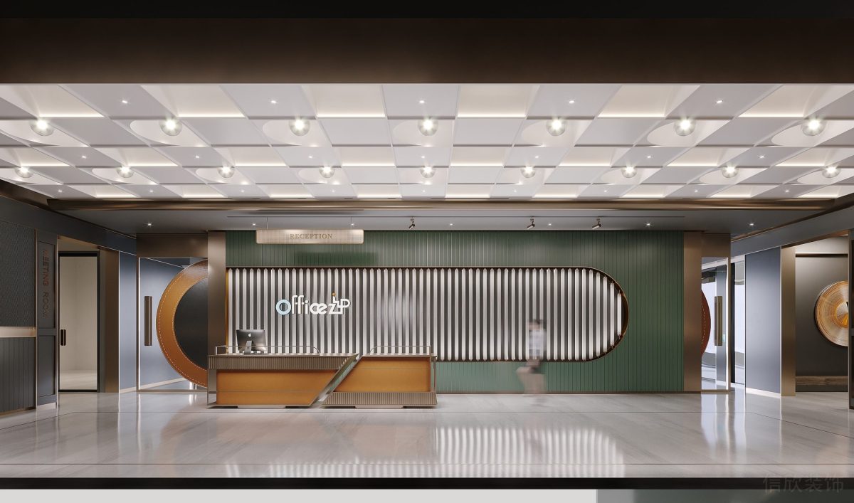 前臺區(qū)橙綠撞色條紋背景布裝修辦公室設(shè)計瓷磚過道效果