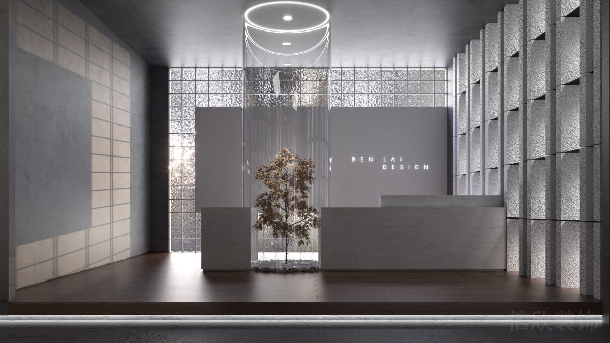 前臺區(qū)輕奢風(fēng)設(shè)計玻璃隔斷天花圓形燈飾效果地臺木制效果