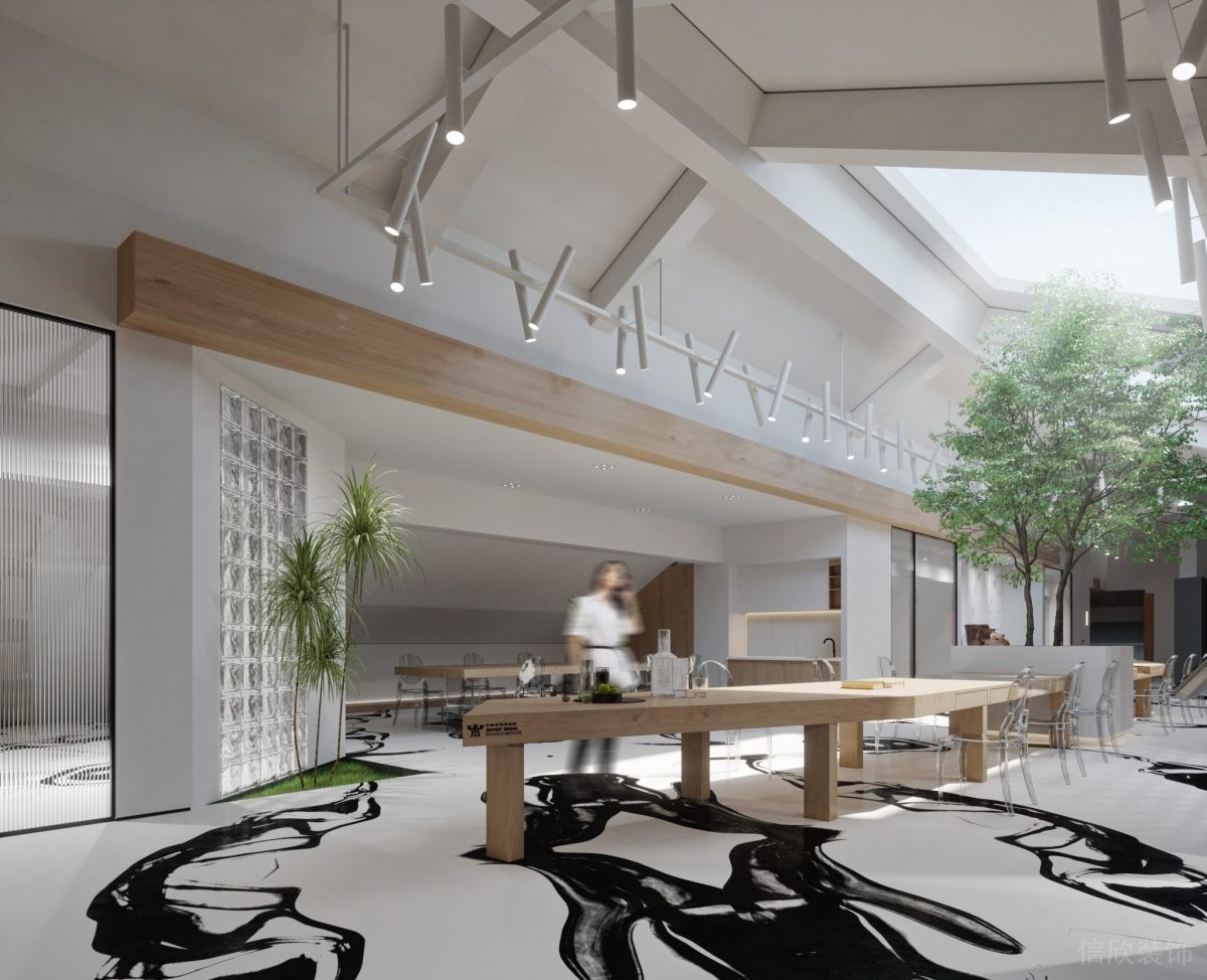 射燈白色天花設(shè)計(jì)黑白色調(diào)地板瓷磚效果辦公室過(guò)道會(huì)議室裝修