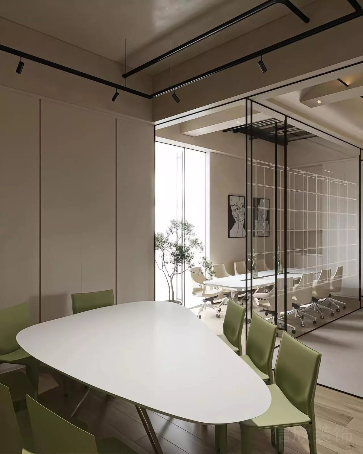 三角形圓角設(shè)計(jì)綠色皮革沙發(fā)裝修效果會(huì)議室裝修圖辦公室