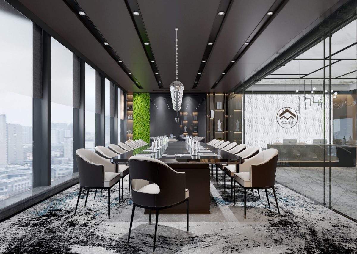 水磨石地板中國畫效果會議室設(shè)計玻璃隔斷裝修天花水晶吊頂