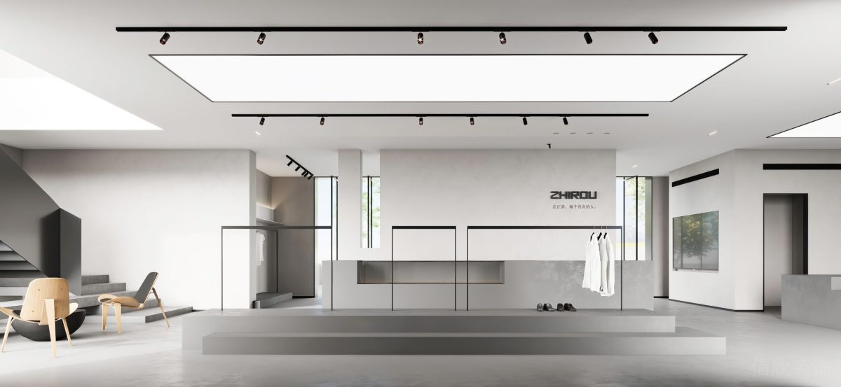 時尚工作室裝修設計大廳過道衣桿懸掛區域裝修階梯地板裝修射燈黑色天花效果圖