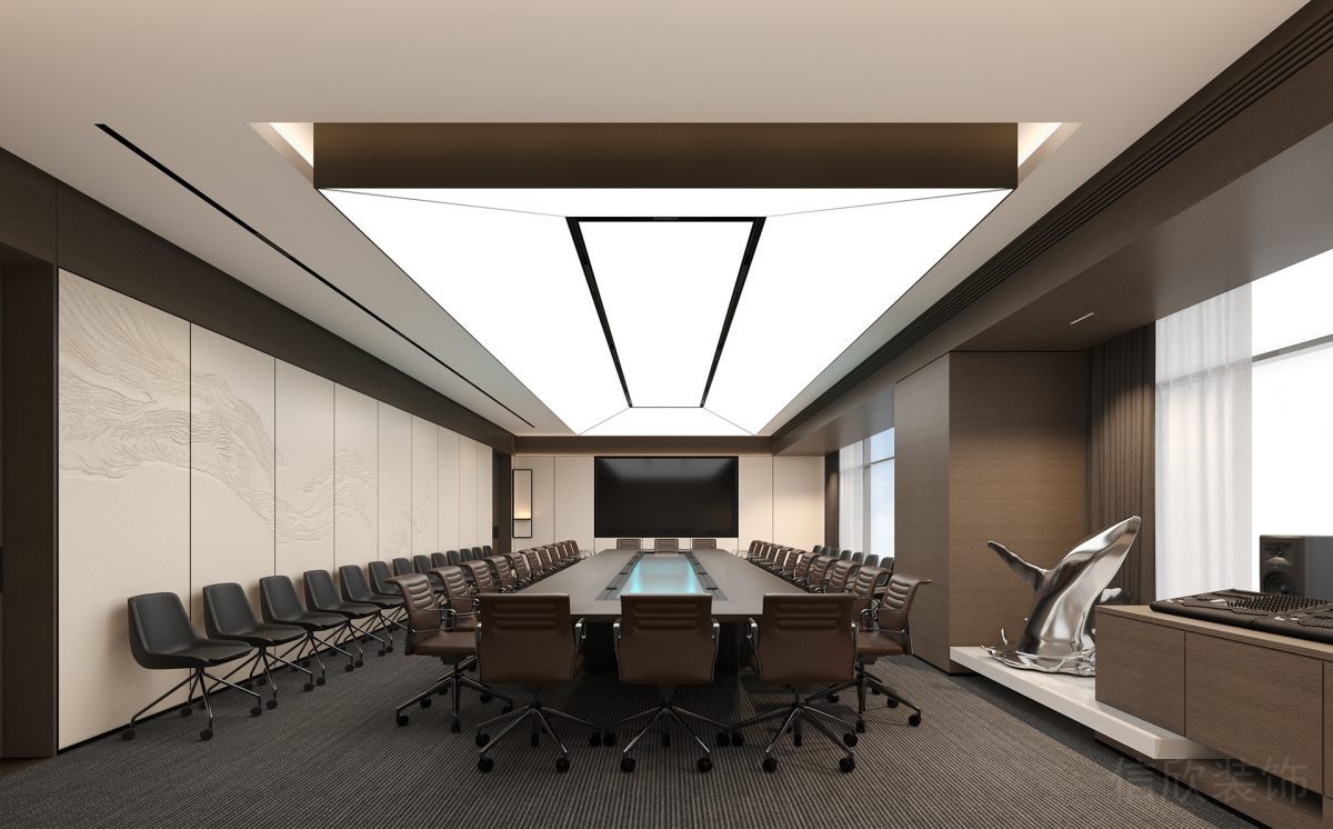 天花燈飾設(shè)計(jì)led燈飾效果裝修會(huì)議室深色木飾長(zhǎng)桌環(huán)形效果辦公室暗紋墻體中式風(fēng)