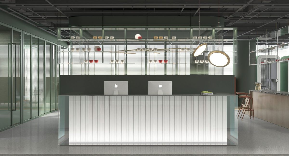 條紋白色燈飾效果前臺區(qū)工作臺裝修辦公室設(shè)計綠色裝修