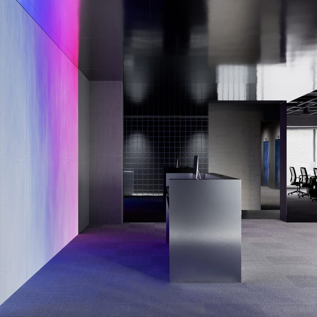 現(xiàn)代辦公室裝修設(shè)計前臺區(qū)效果科技屏幕設(shè)計灰色金屬接待處中心設(shè)計