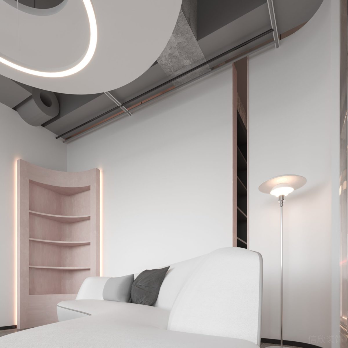 懸吊式環(huán)形天花板設(shè)計(jì)白色弧形紡織沙發(fā)裝修辦公室員工休息區(qū)裝修圖