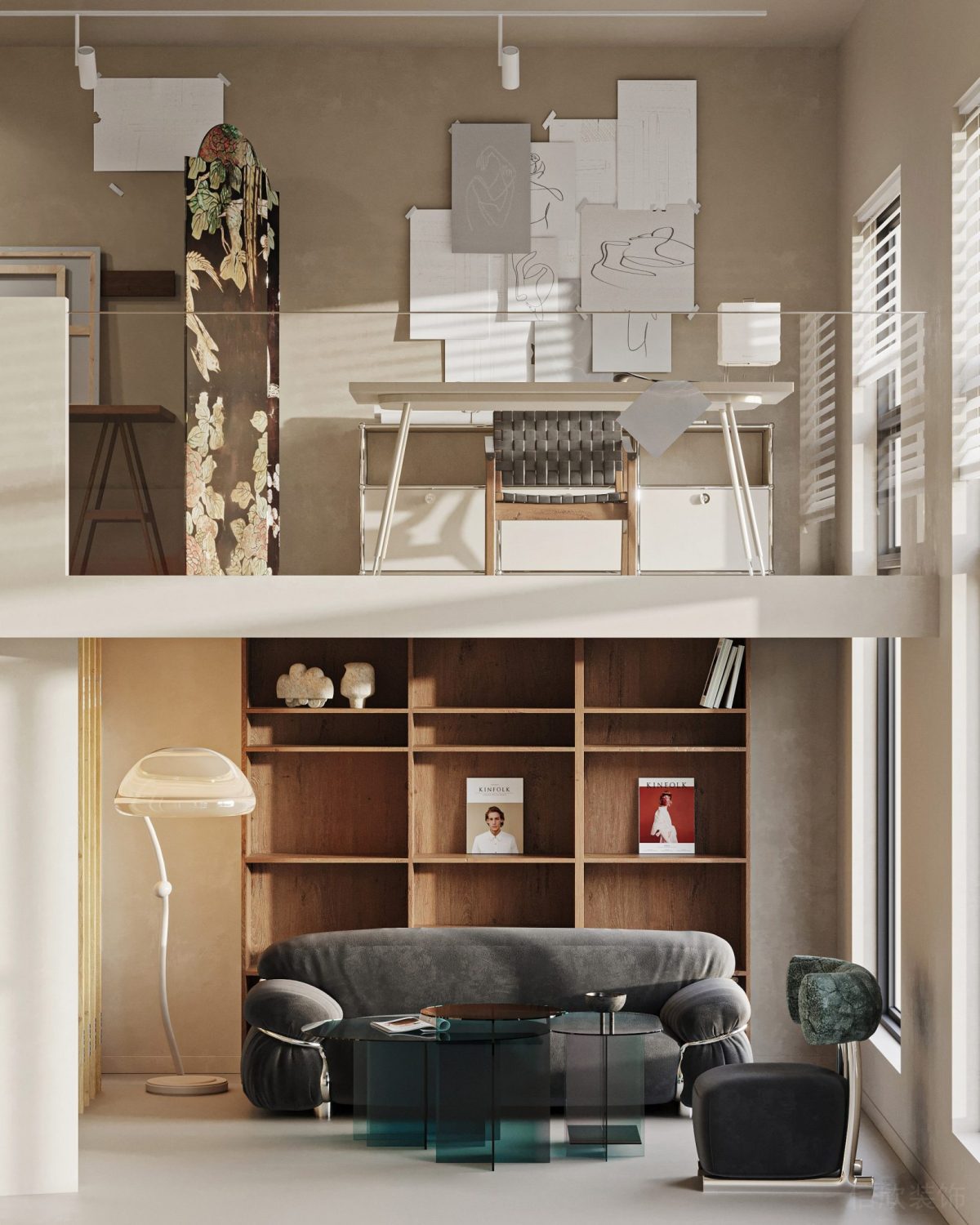 小戶型工作室設(shè)計(jì)木飾面收納格子柜設(shè)計(jì)沙發(fā)效果玻璃半墻設(shè)計(jì)繪畫(huà)辦公室
