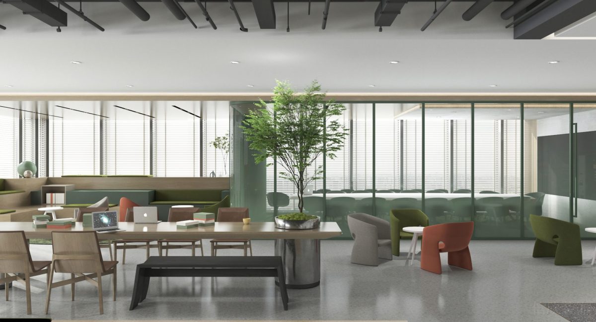 新中式辦公室裝修直線木制長(zhǎng)桌效果綠色條紋隔斷效果