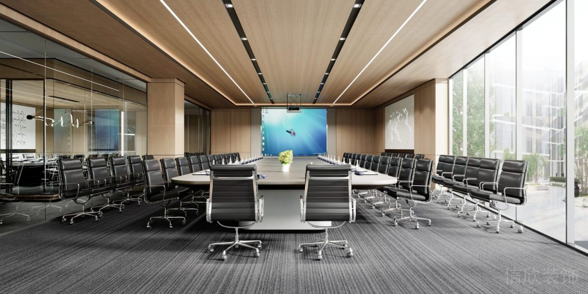 原木風(fēng)會(huì)議室裝修直線式圓角玻璃長(zhǎng)桌效果