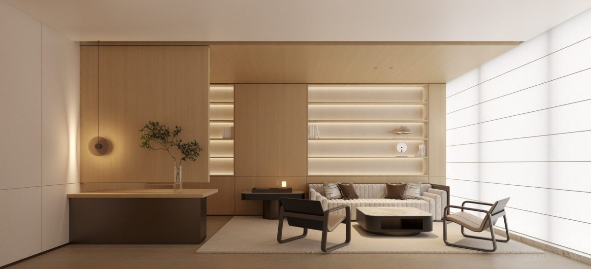 原木風(fēng)內(nèi)嵌式墻柜效果會(huì)議室裝修效果自然日系效果條紋白色沙發(fā)