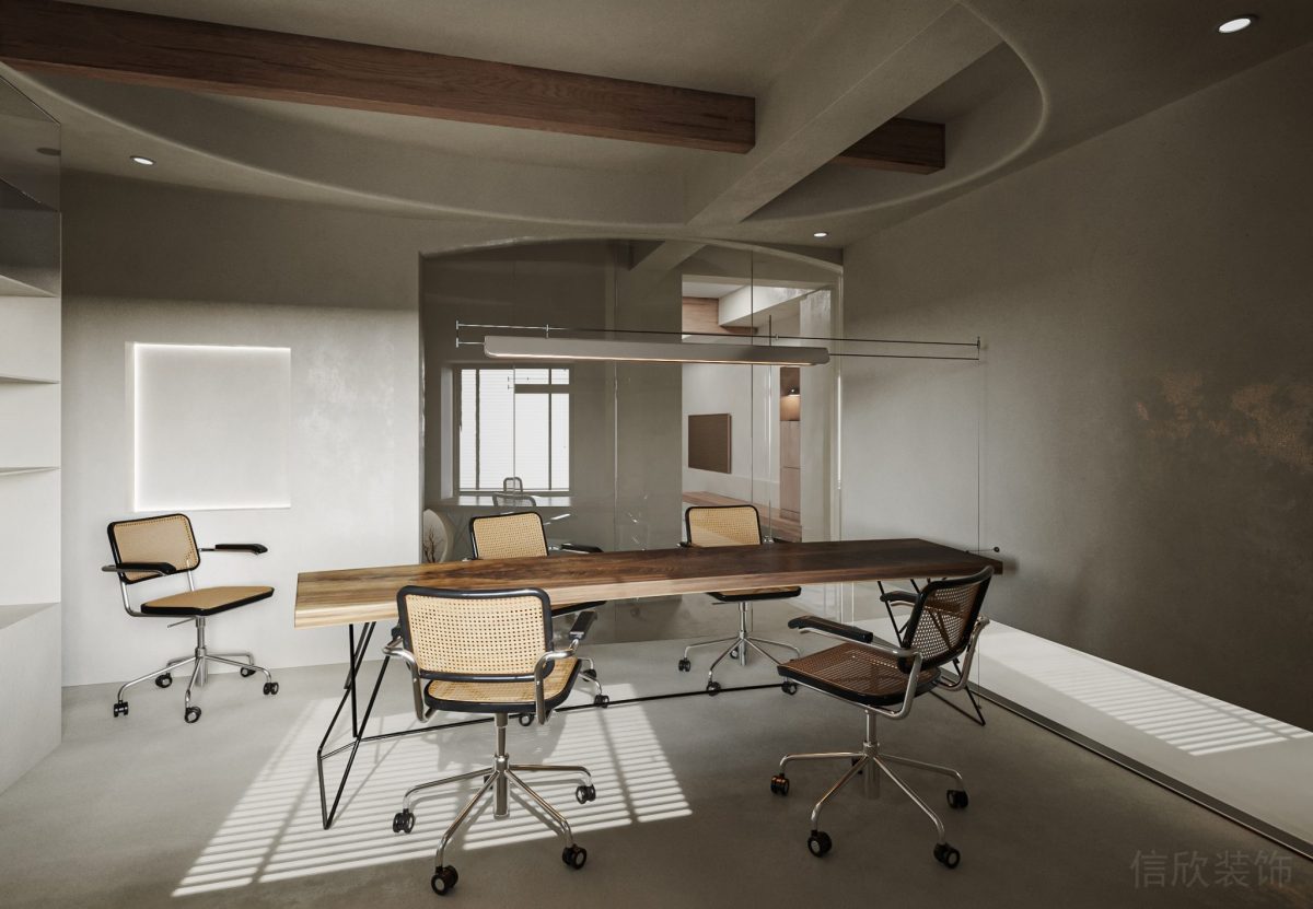 原木極簡風(fēng)商務(wù)風(fēng)桌椅設(shè)計灰色墻壁天花板裝修辦公室會議室裝修效果圖