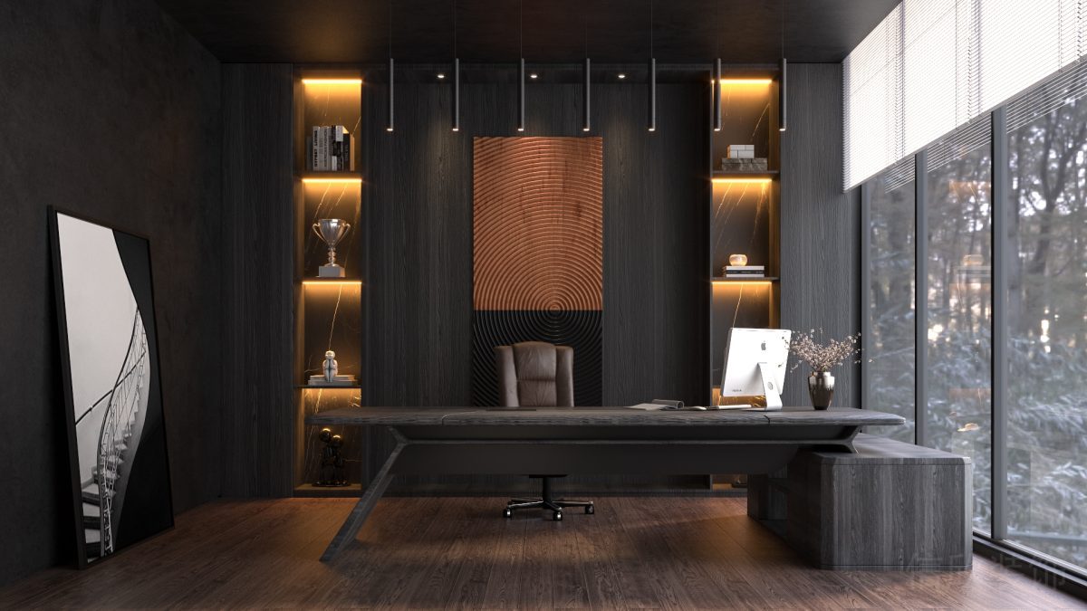 總裁辦公室設(shè)計(jì)效果內(nèi)嵌式墻體儲(chǔ)物柜燈飾玻璃隔斷裝修