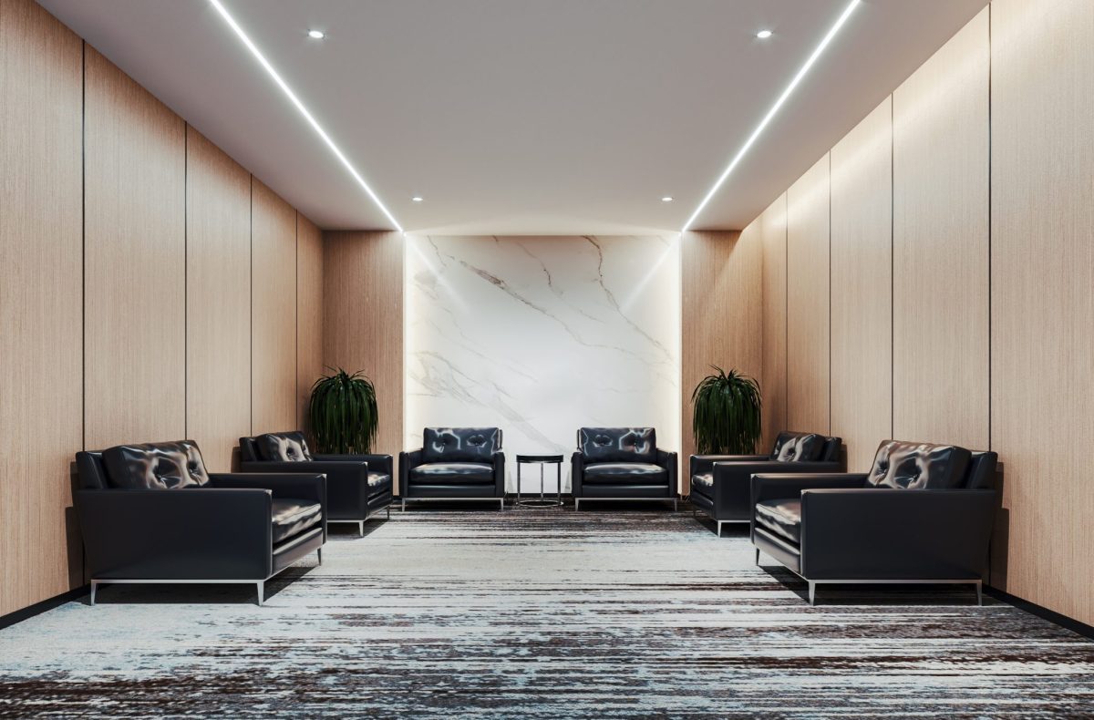 豬皮黑色座椅獨立沙發(fā)辦公室裝修煥新效果木質墻體