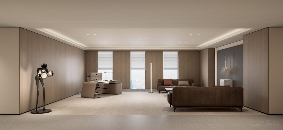 棕色皮革沙發設計木飾面裝修辦公室設計