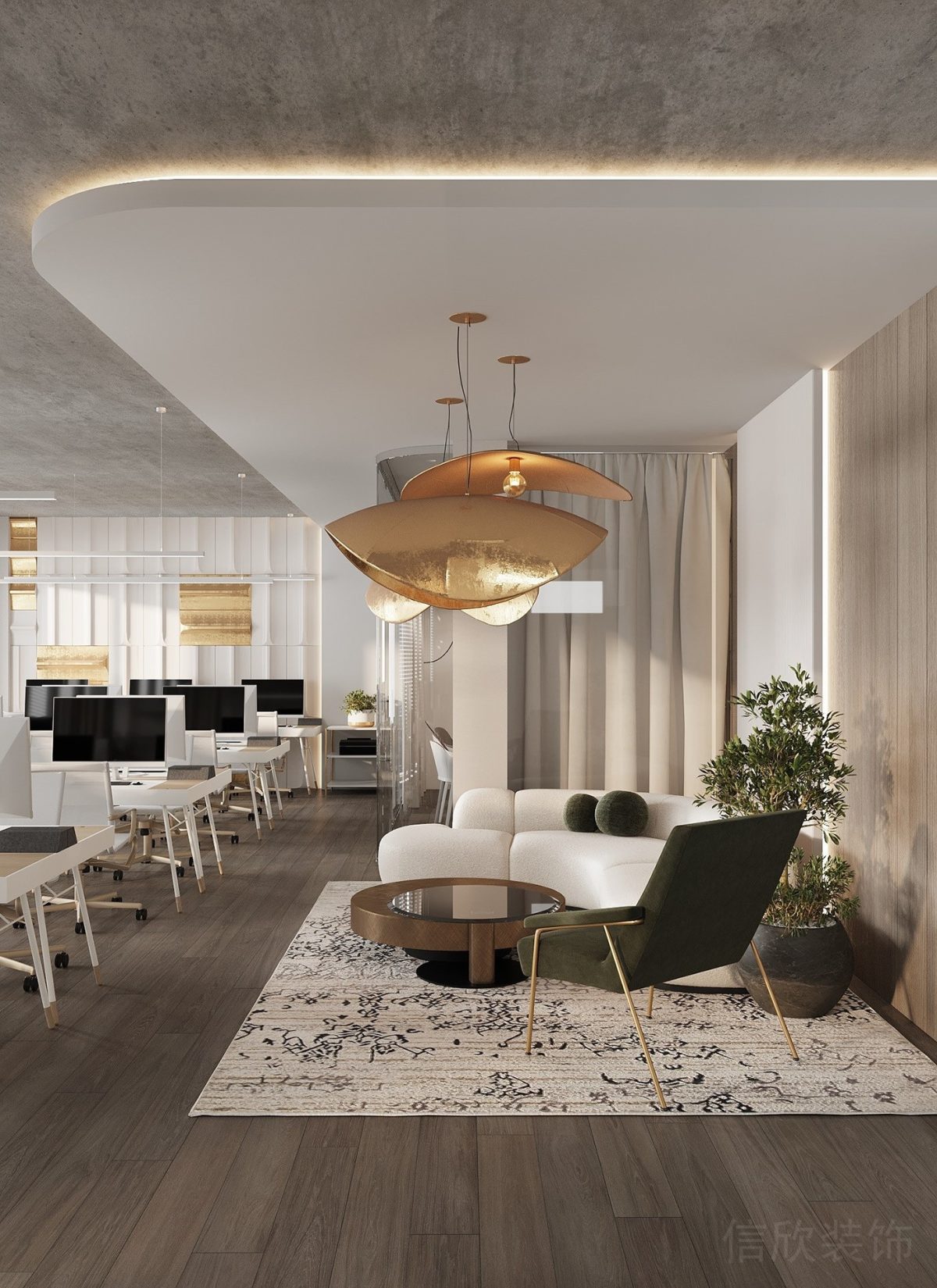 深圳辦公室裝修設(shè)計(jì)北歐風(fēng)創(chuàng)意溫馨家具辦公室裝修休息區(qū)鎏金天花吊頂設(shè)計(jì)圖