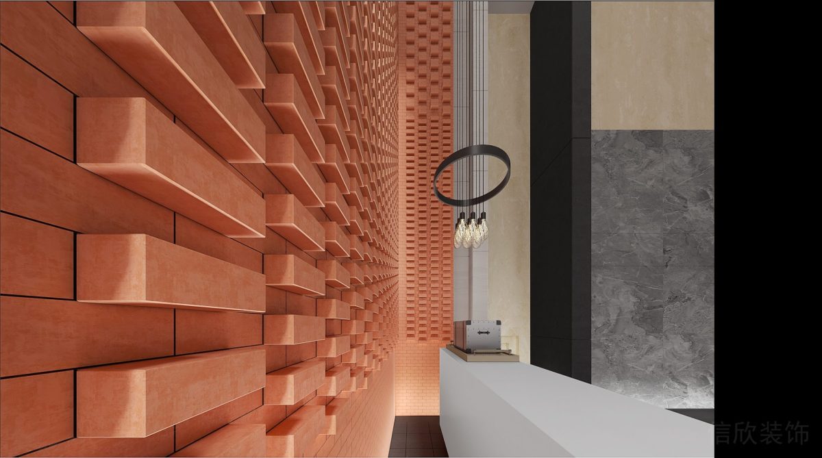 橙色設(shè)計(jì)墻體立體效果裝修效果天花吊頂燈飾設(shè)計(jì)大理石墻體裝飾辦公室