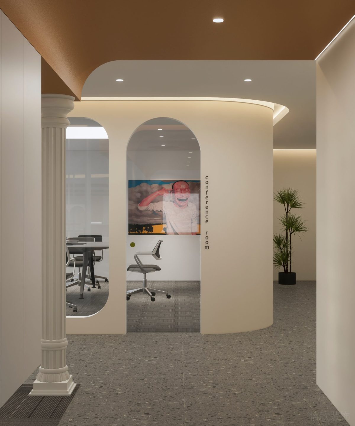 橙色天花現(xiàn)代古典風(fēng)石膏線設(shè)計墻柱過道水磨石工作室