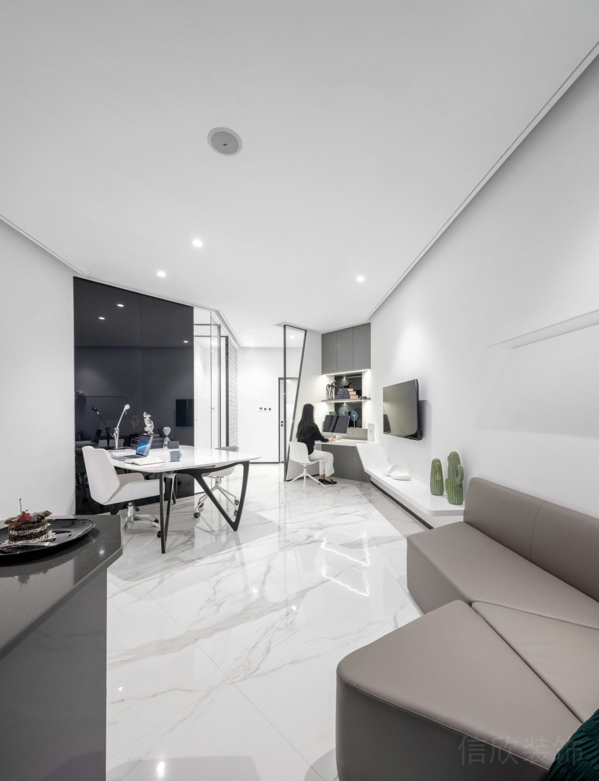 卡其色沙發(fā)辦公室裝修設(shè)計(jì)大理石地板效果會(huì)議室裝修圖