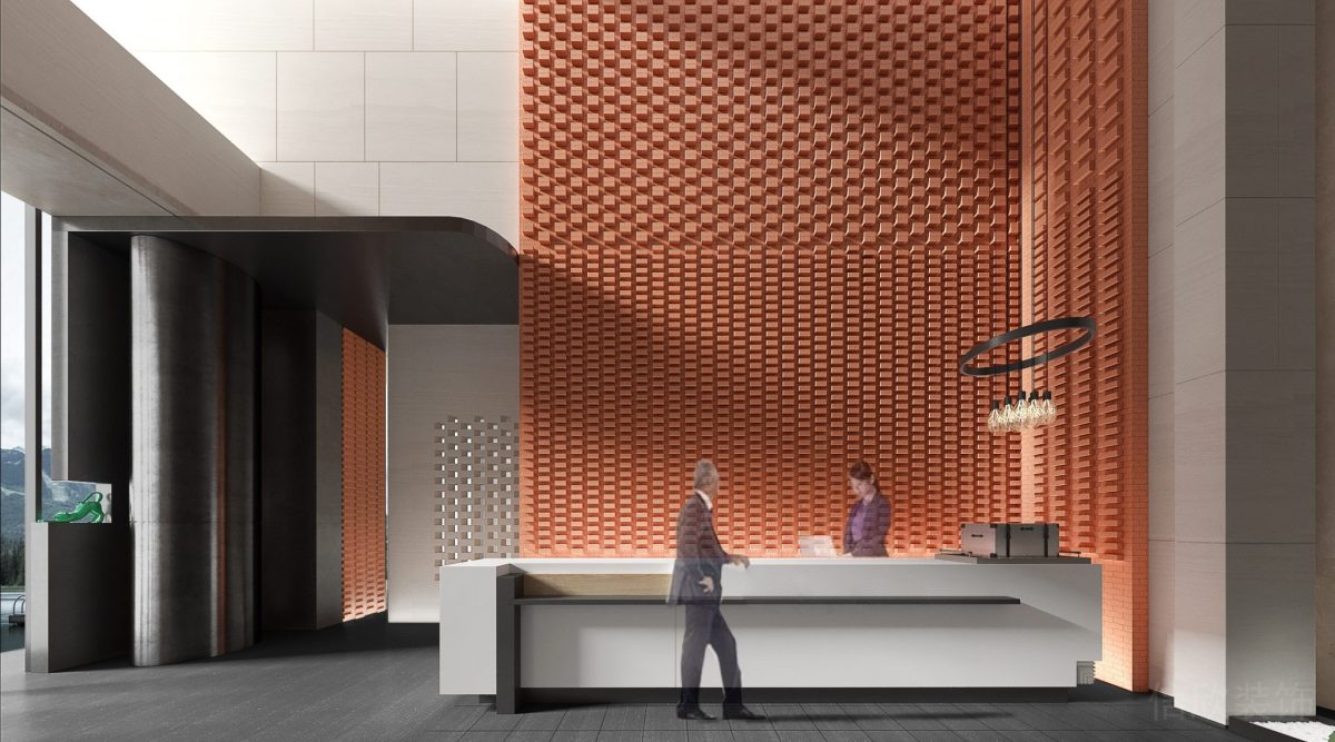 藍(lán)色設(shè)計(jì)效果裝修前臺(tái)區(qū)辦公室客服中心接待處直線式白色長(zhǎng)桌幾何造型木質(zhì)地板裝修圖