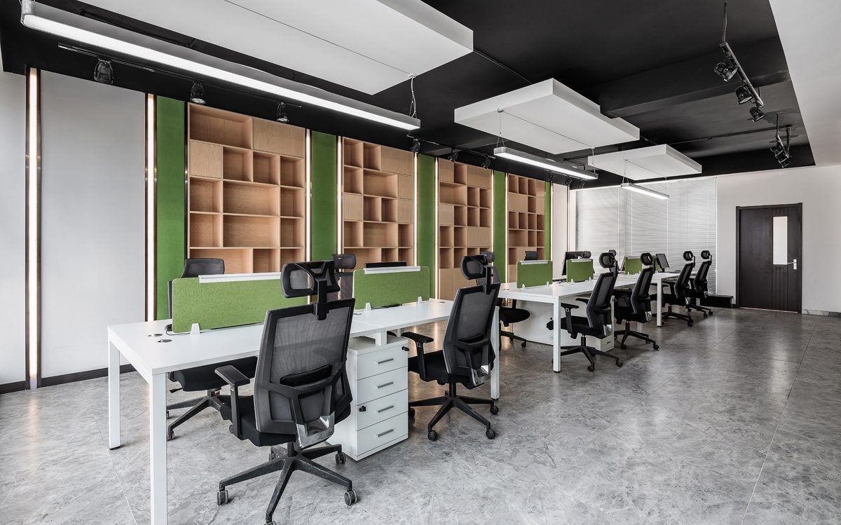 木質墻體收納柜內嵌式多功能設計效果工位面對面開放式工作區(qū)黑白色調設計圖