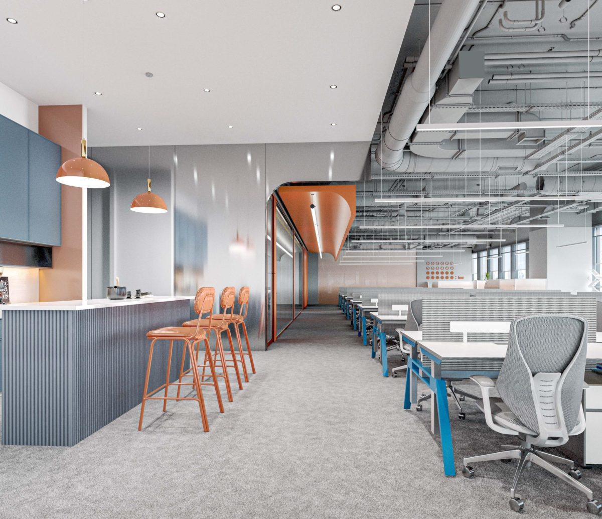 辦公室茶水區(qū)藍色吧臺柜效果圖