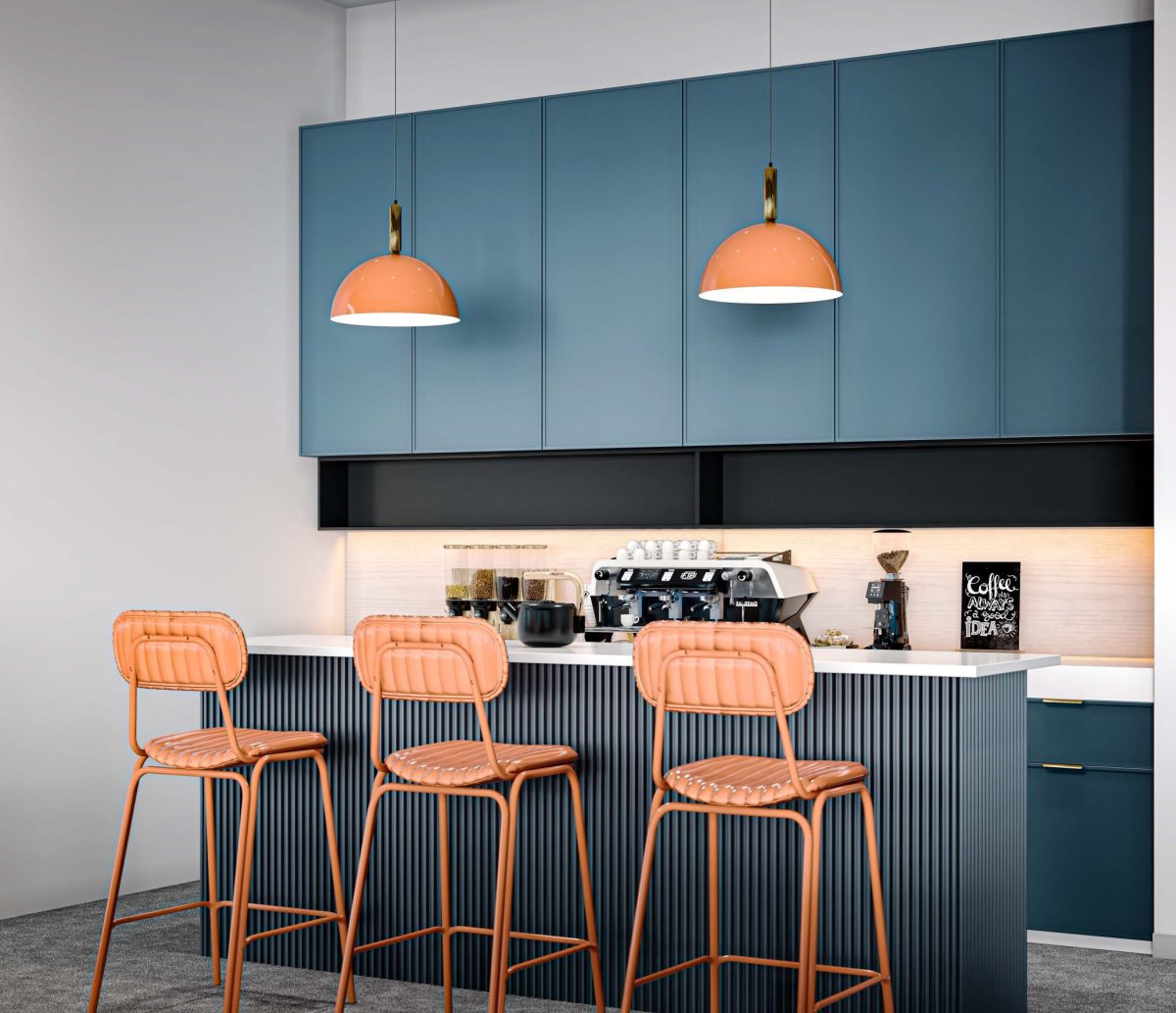 辦公室茶水區(qū)裝修藍色吧臺柜