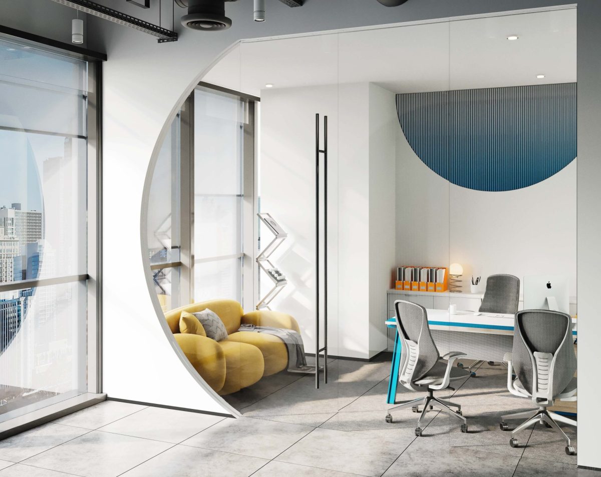 經(jīng)理辦公室裝修弧形玻璃窗