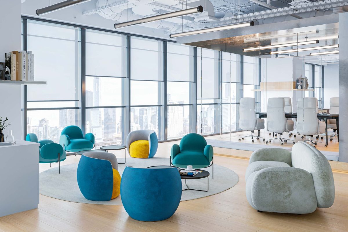 休息洽談區(qū)藍色的單人布藝沙發(fā)