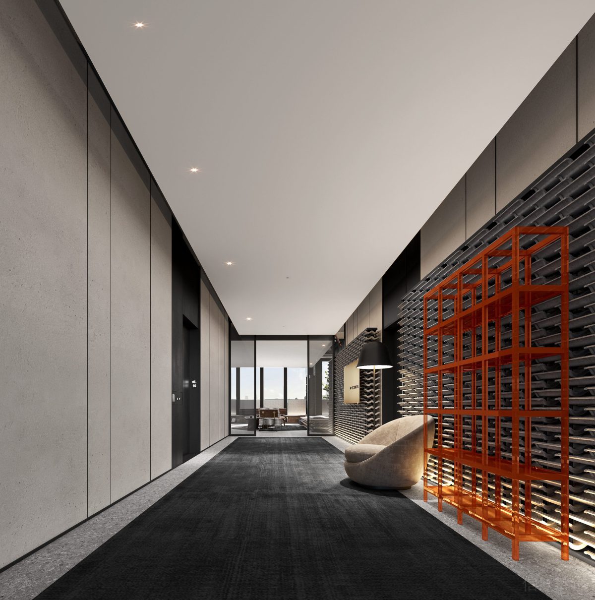 中式田園風辦公室過道青瓦墻面設(shè)計